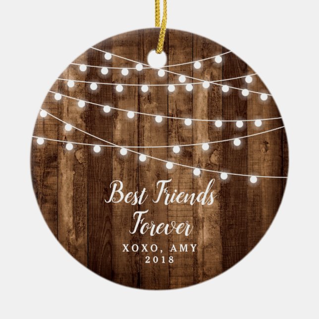 Rustic Wood Fairy Lights Best Friends Forever Ceramic Ornament (Front)