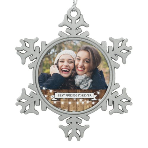 Rustic Wood &amp; Fairy Lights Best Friends Forever Snowflake Pewter Christmas Ornament
