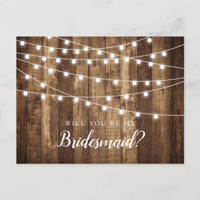 Rustic Wood & Fairy Lights Bridesmaid Proposal Postcard (Front)