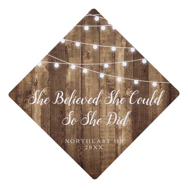 Rustic Wood & Fairy Lights Custom Graduation Cap Topper (Front)