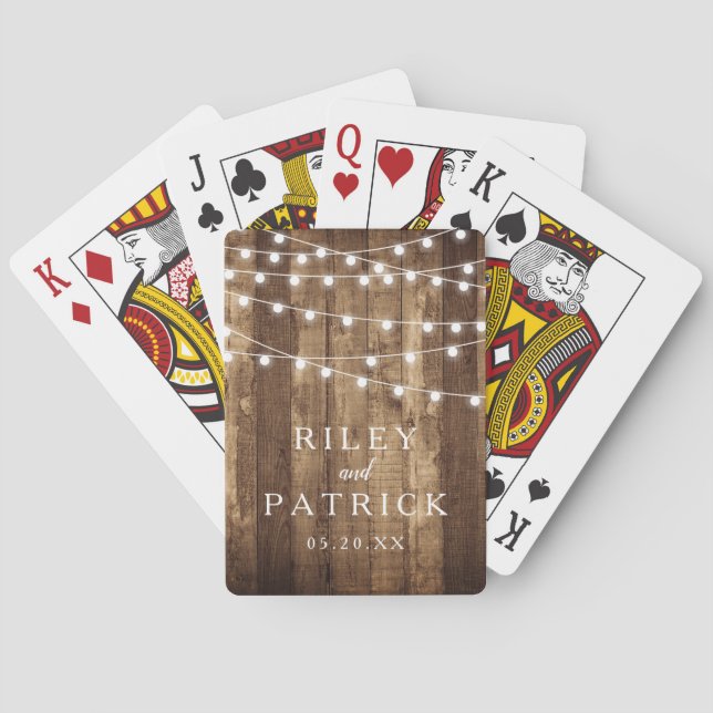 Rustic Wood & Fairy Lights Custom Wedding Favor Poker Cards (Back)