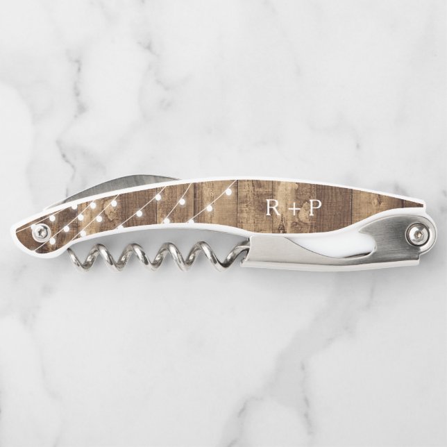 Rustic Wood & Fairy Lights Custom Wedding Favor Waiter's Corkscrew (Back)