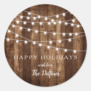Rustic Wood Fairy Lights Customized Holiday Classic Round Sticker