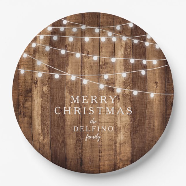 Rustic Wood & Fairy Lights Family Party Custom Paper Plates (Front)