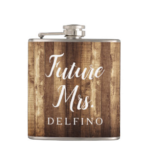 Rustic Wood & Fairy Lights Future Mrs Monogrammed Flask