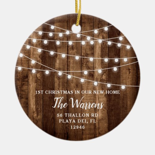 Rustic Wood Fairy Lights Housewarming New Address Ceramic Ornament