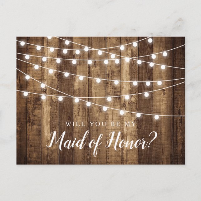 Rustic Wood & Fairy Lights Maid of Honor Proposal Postcard (Front)