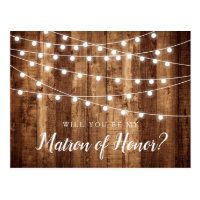 Rustic Wood Fairy Lights Matron of Honor Proposal Postcard