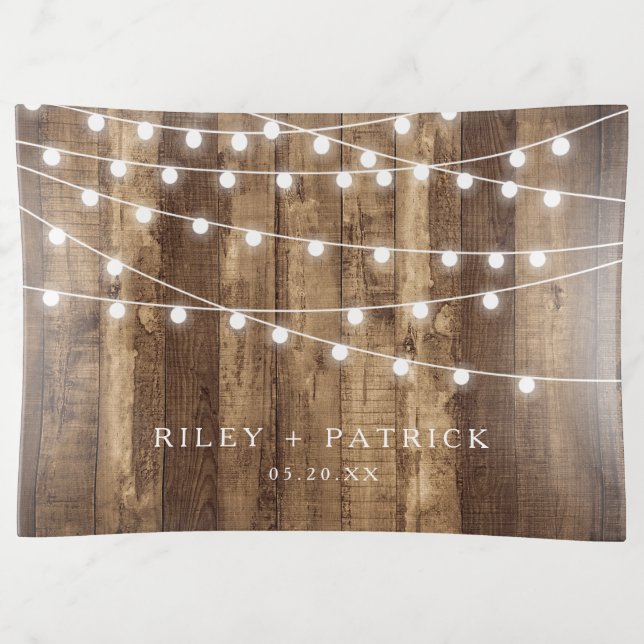 Rustic Wood Fairy Lights Monogram Wedding Jewelry Trinket Tray (Front)