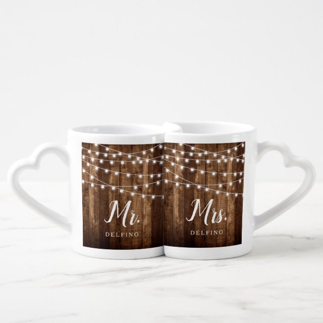 Rustic Wood & Fairy Lights Mr and Mrs Coffee Mug Set (Front Nesting)