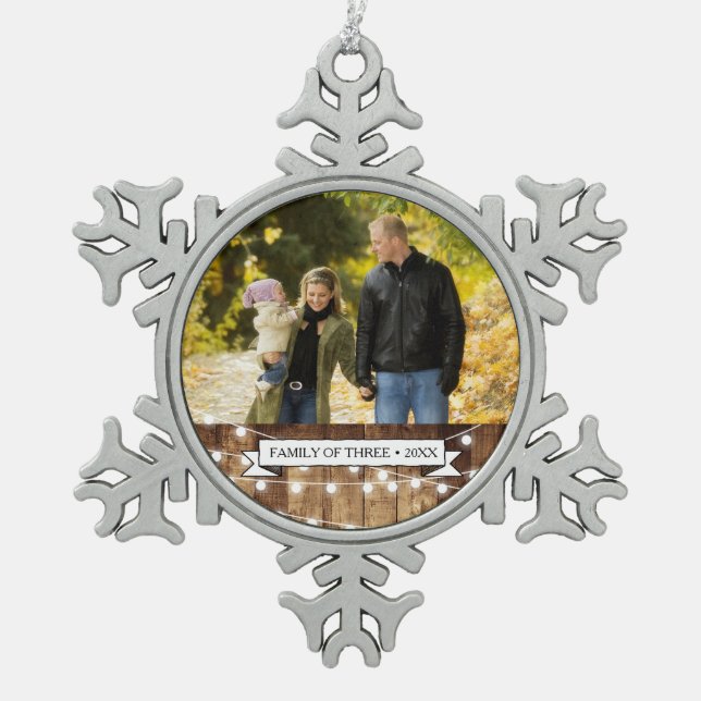 Rustic Wood Fairy Lights New Parents Gift Family Snowflake Pewter Christmas Ornament (Front)