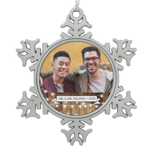Rustic Wood Fairy Lights Newlywed Gay Wedding Snowflake Pewter Christmas Ornament