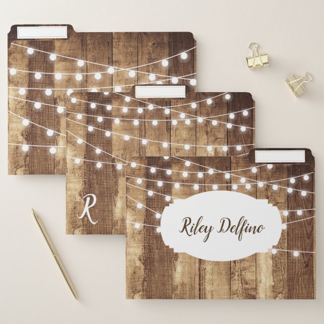 Rustic Wood Fairy Lights Personalized Decorative File Folder (Set)