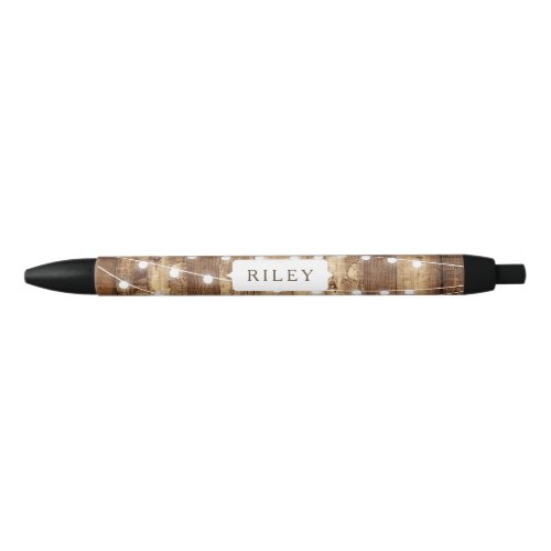 Rustic Wood  Fairy Lights Personalized Monogram Black Ink Pen