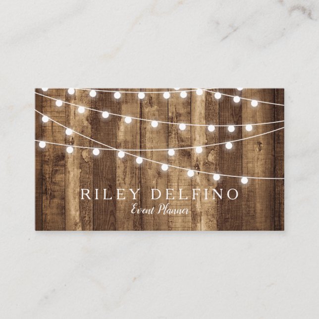 Rustic Wood & Fairy Lights Personalized Monogram Business Card (Front)
