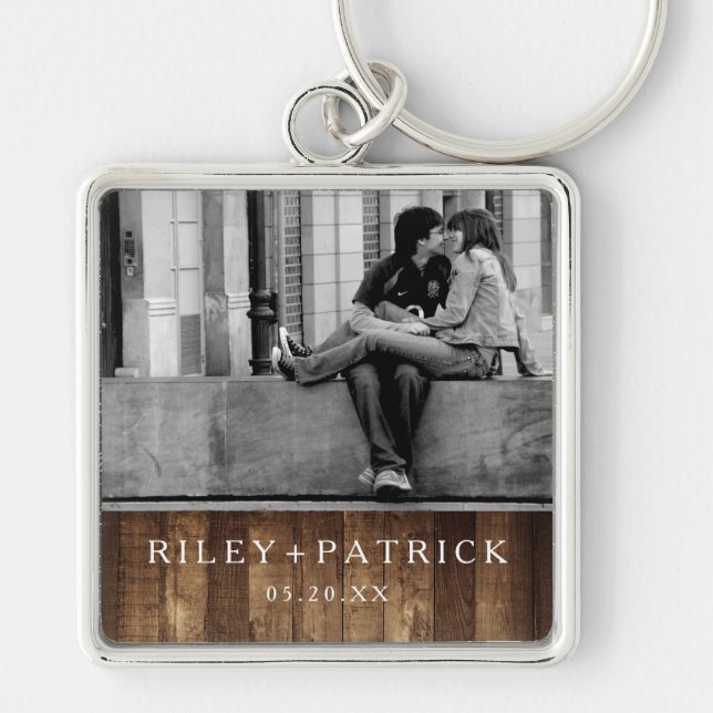 Rustic Wood & Fairy Lights Personalized Photo Keychain (Front)