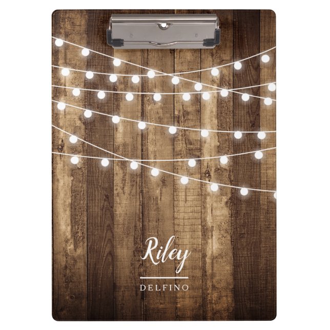 Rustic Wood Fairy Lights Personalized Pretty Clipboard (Front)
