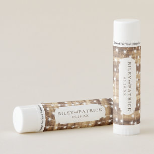 Rustic Wood & Fairy Lights Personalized Wedding Lip Balm