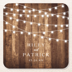 Rustic Wood & Fairy Lights Personalized Wedding Square Paper Coaster