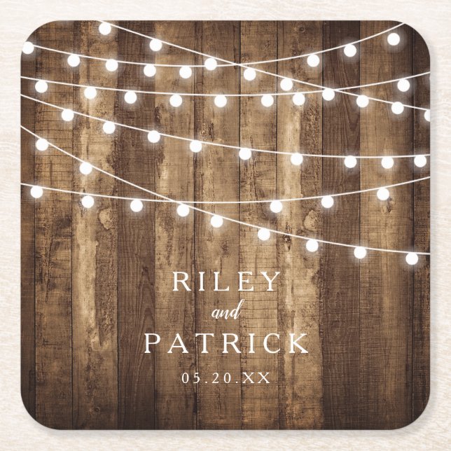 Rustic Wood & Fairy Lights Personalized Wedding Square Paper Coaster (Front)