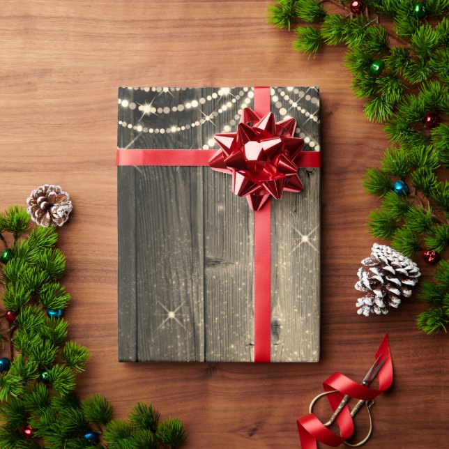 Rustic Wood Fairy Lights Sparkle Christmas Wrapping Paper (Holiday Gift)