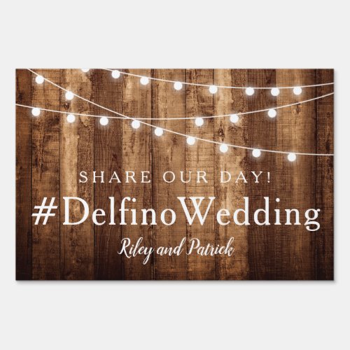 Rustic Wood Fairy Lights Wedding Hashtag Custom Sign