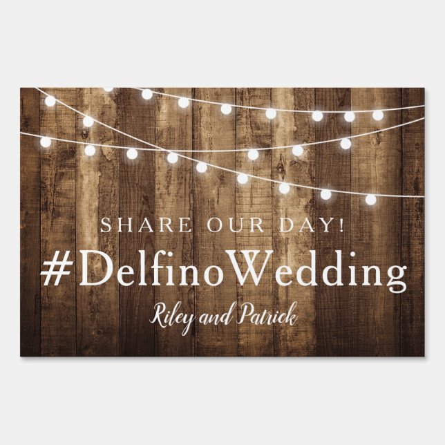 Rustic Wood Fairy Lights Wedding Hashtag Custom Sign (Back)
