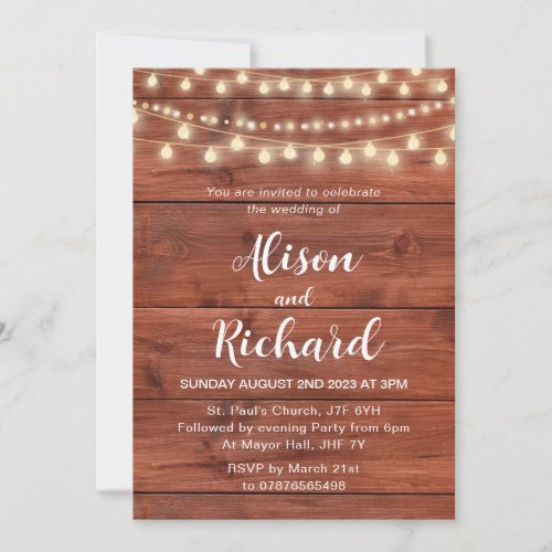 Rustic wood fairy lights wedding invitation