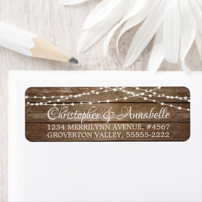 Rustic Wood Fairy String Lights Wedding Label (Insitu)