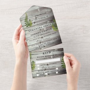 Rustic Wood Fall Autumn Fern Barn Country Wedding All In One Invitation