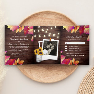 Rustic Wood Fall Autumn Leaves All in One Wedding Tri-Fold Invitation