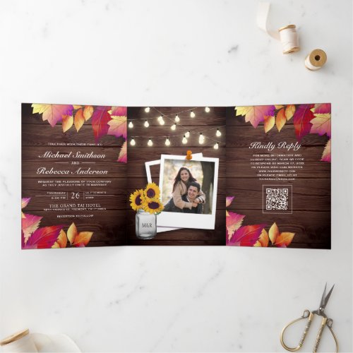 Rustic Wood Fall Autumn Leaves QR Code Wedding Tri-Fold Invitation