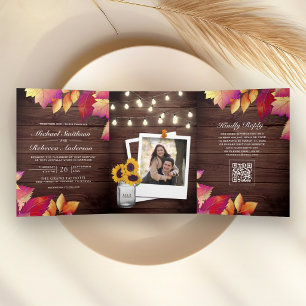 Rustic Wood Fall Autumn Leaves QR Code Wedding Tri-Fold Invitation