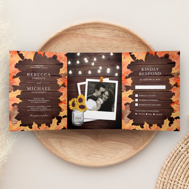 Rustic Wood Fall Autumn Maple Leaves Photo Wedding Tri-Fold Invitation (Creator Uploaded)