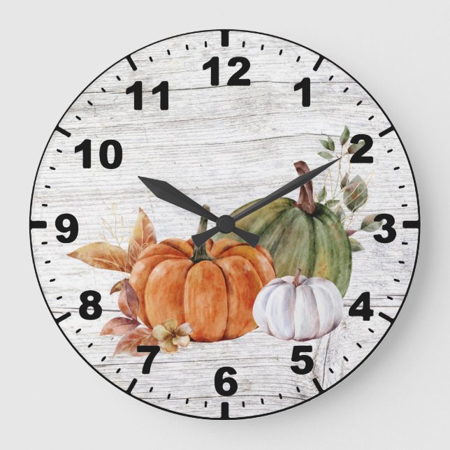 Rustic Wood Fall Autumn Pumpkins Greenery Large Clock (Front)