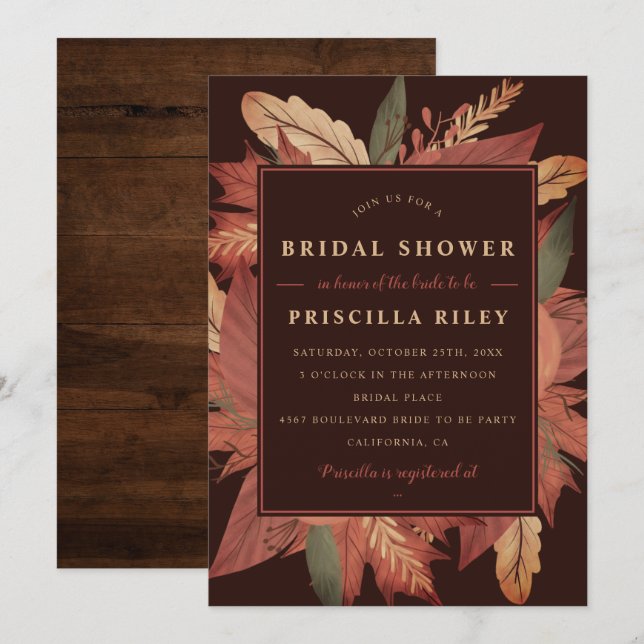 Rustic wood fall brown floral bridal shower invitation (Front/Back)