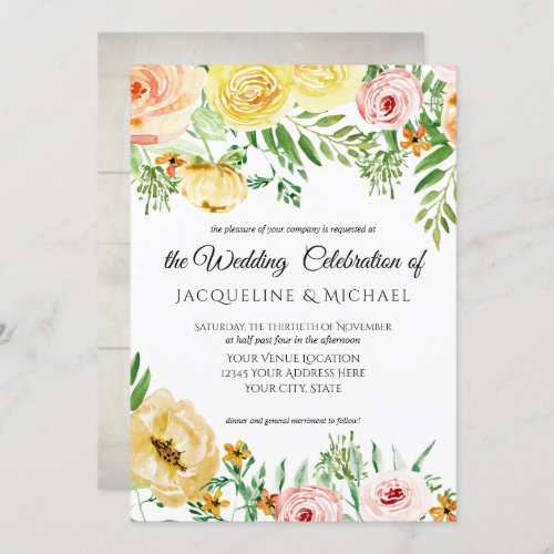 Rustic Wood Fall Color Blush Yellow Peach Floral Invitation