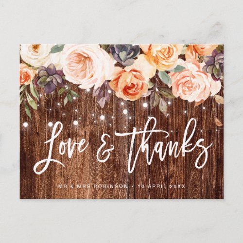 Rustic wood fall flowers wedding thank you card