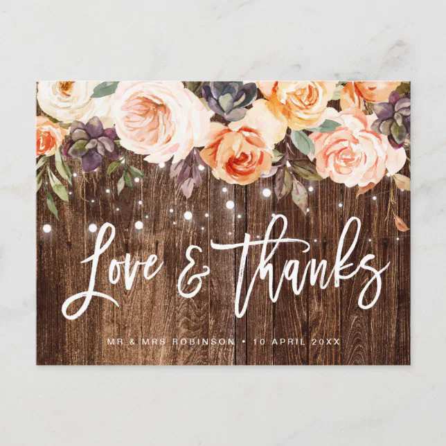 Rustic wood fall flowers wedding thank you card | Zazzle