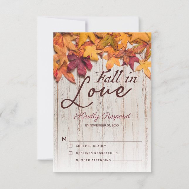Rustic Wood Fall in Love Fall Leaves RSVP Card (Front)
