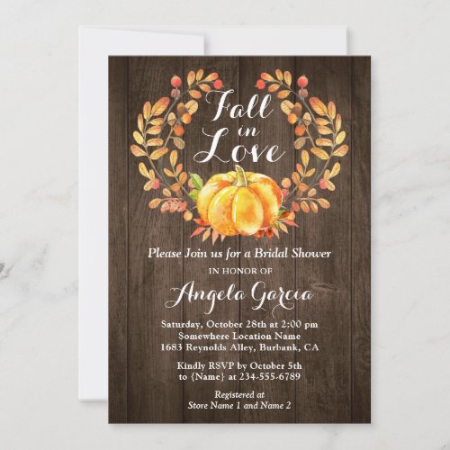 Rustic Wood Fall in Love Pumpkin Bridal Shower Invitation - Rustic Wood Fall in Love Pumpkin Bridal Shower Invitation. 
(1) For further customization, please click the "customize further" link and use our design tool to modify this template. 
(2) If you prefer Thicker papers / Matte Finish, you may consider to choose the Matte Paper Type. 
(3) If you need help or matching items, please contact me.
