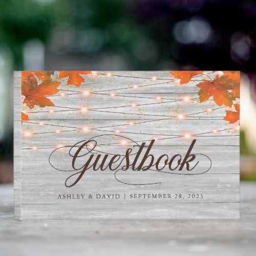 Rustic Wood Fall In Love String Lights Wedding Guest Book