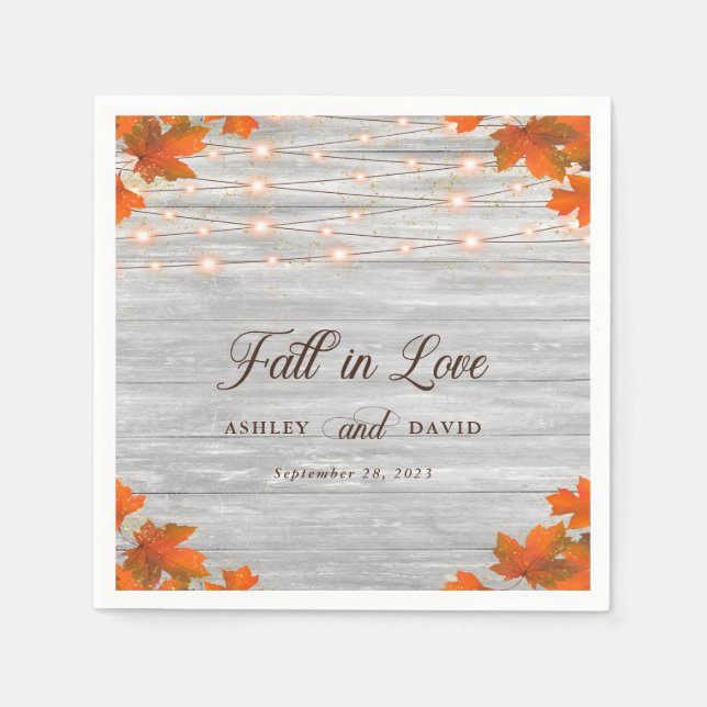 Rustic Wood Fall In Love String Lights Wedding Napkins (Front)