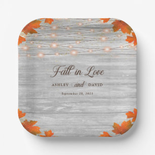 Rustic Wood Fall In Love String Lights Wedding Paper Plates