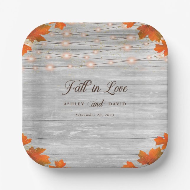 Rustic Wood Fall In Love String Lights Wedding Paper Plates (Front)