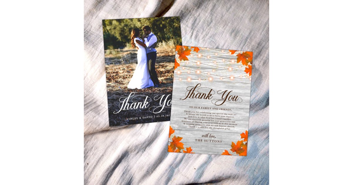 Rustic Wood Fall In Love String Lights Wedding Thank You Card | Zazzle
