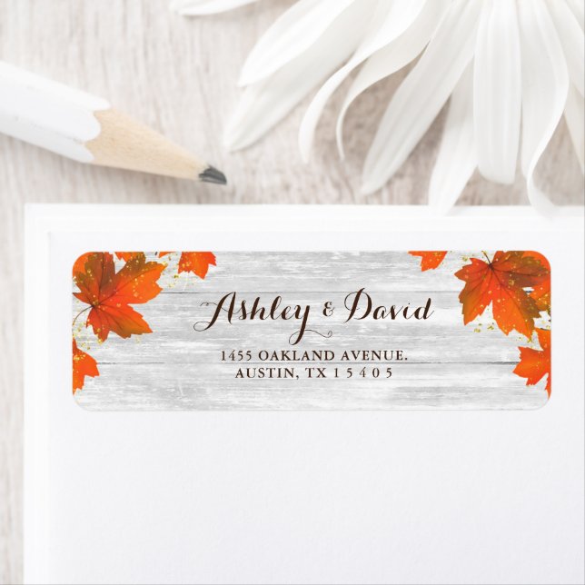 Rustic Wood | Fall Leaves | Gold Glitter Wedding  Label (Insitu)