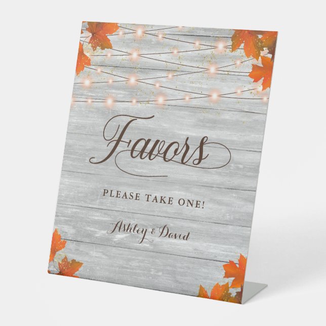 Rustic Wood Fall Leaves & Lights Favors Pedestal Sign (Front)