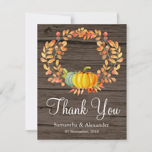 Rustic Wood Fall Leaves Pumpkin Thank You Card (Front)