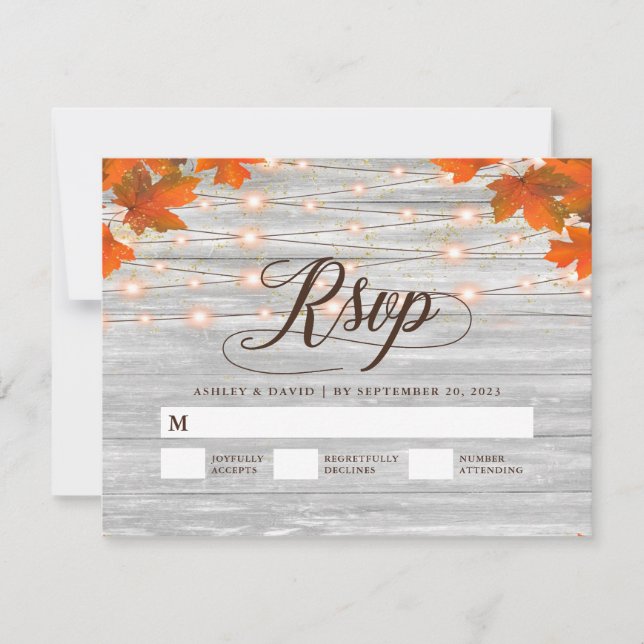 Rustic Wood Fall Leaves String Lights Wedding RSVP (Front)